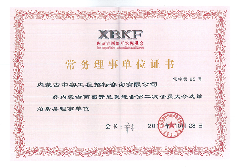 开云ty官网中国有限公司西部开发促进会常务理事单位证书